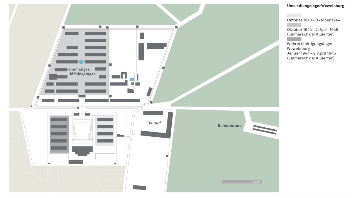 Plan des Umsiedlungslagers der „Volksdeutschen Mittelstelle“ (VOMI) und des „Wehrertüchtigungslagers“ der „Hitlerjugend“ auf dem Gelände des ehemaligen KZ Niederhagen in Wewelsburg; Entwurf: Kreismuseum Wewelsburg.